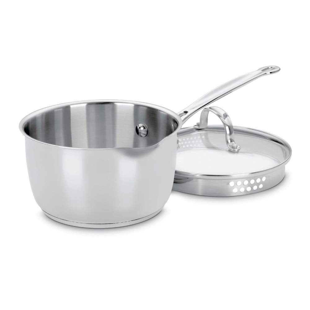 Cuisinart 2-quart saucepan front view showing sleek finish and balanced handles for ease