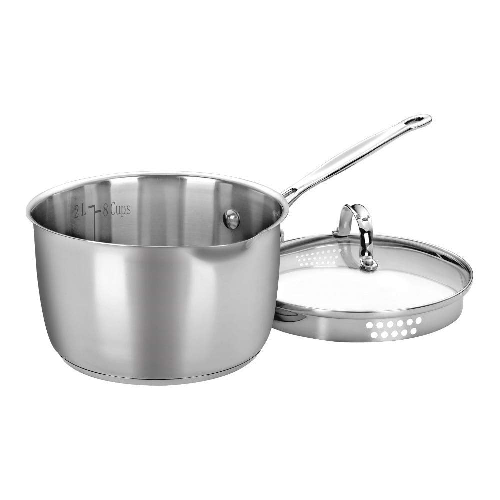 Cuisinart 3-quart saucepan front view showing mirror finish and lid, durable design benefit