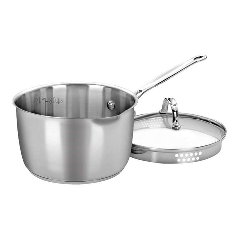 Cuisinart 3-quart saucepan front view showing mirror finish and lid, durable design benefit