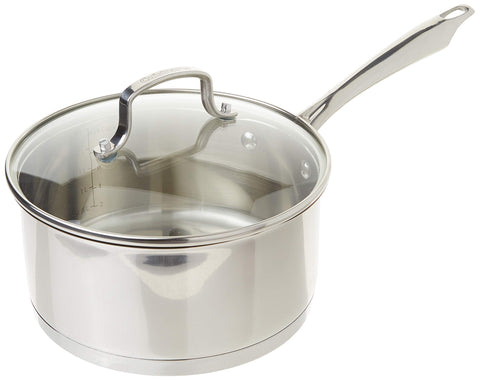 Cuisinart 3‑quart saucepan front view showing polished stainless and lid for professional results