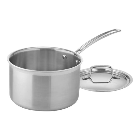 Cuisinart 4 qt saucepan front view with lid showing professional finish and reliable heat