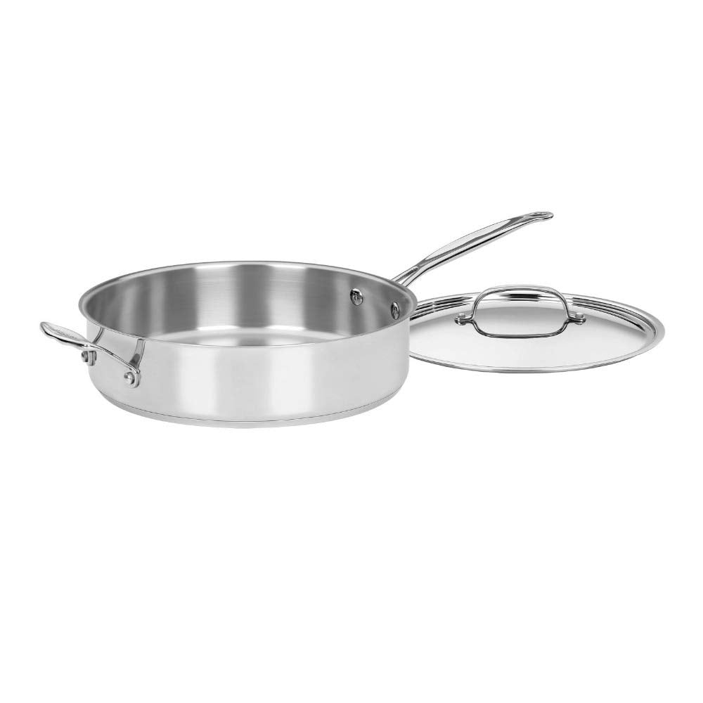 Cuisinart sauté pan front with lid showing durable stainless steel and even heating