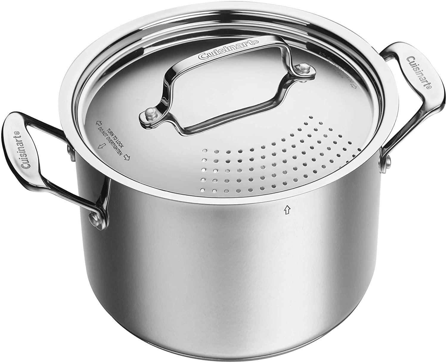 Cuisinart front view showing pot and secure straining cover for safer draining