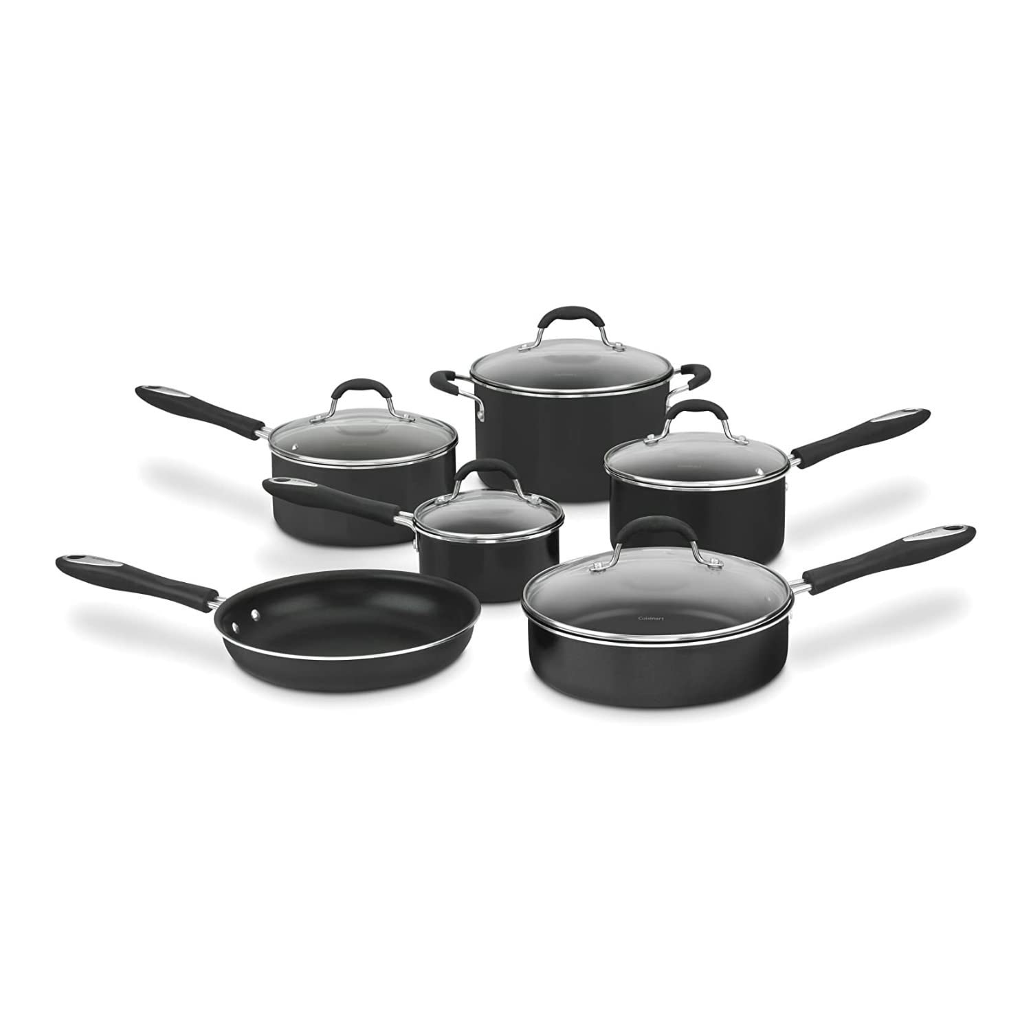Cuisinart front view of full 11-piece set showing black finish and cookware versatility