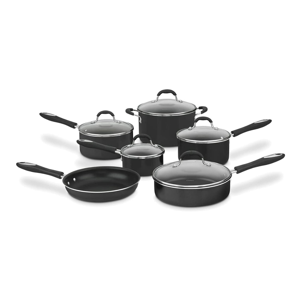 Cuisinart front view of full 11-piece set showing black finish and cookware versatility