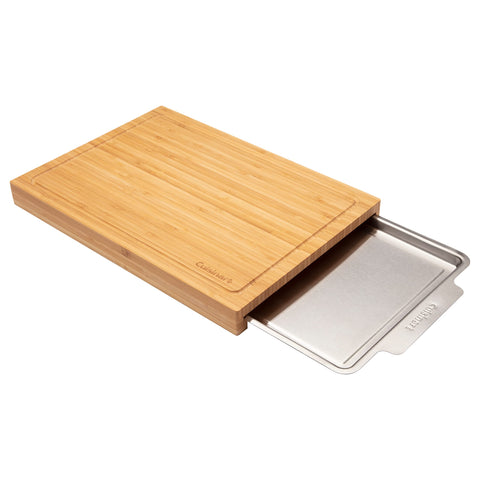 Cuisinart bamboo cutting board front view showing solid workspace and tray