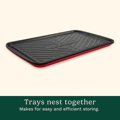 Cuisinart black serving tray presenting cooked burgers for safe serving