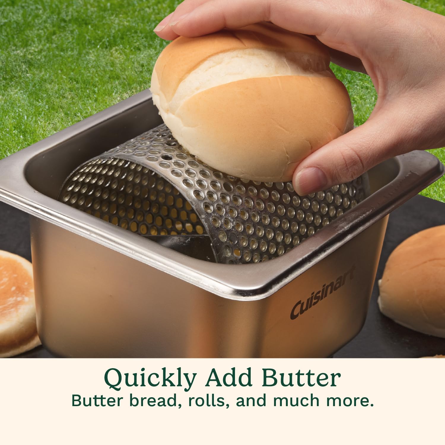 Cuisinart size comparison beside a bun showing practical scale and ease