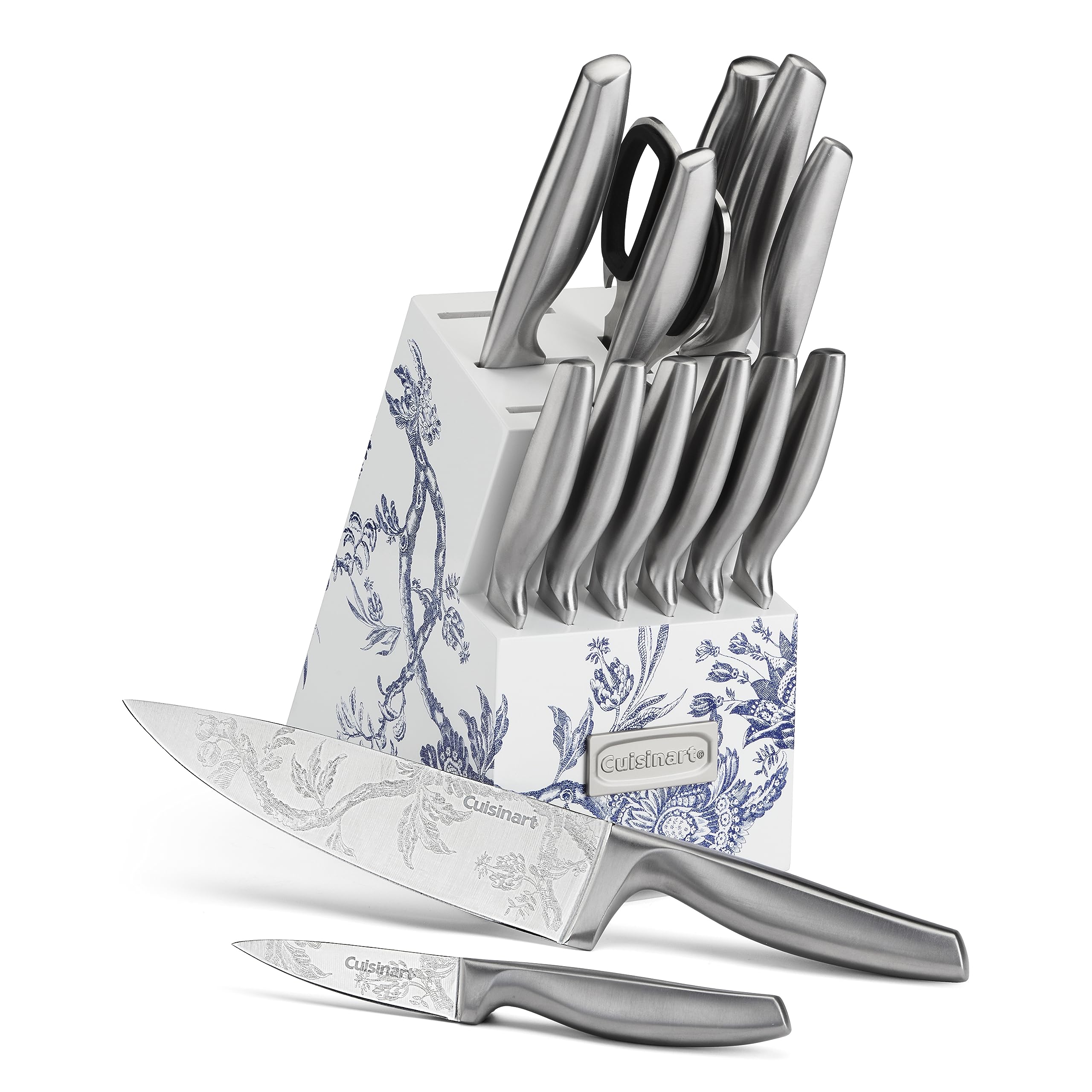 Cuisinart front view of the Caskata block showing all knives and floral print, stylish storage benefit