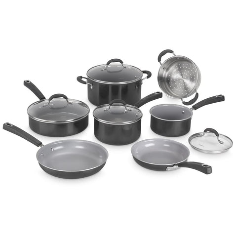 Cuisinart cookware set front view showing complete 11-piece collection and neat storage