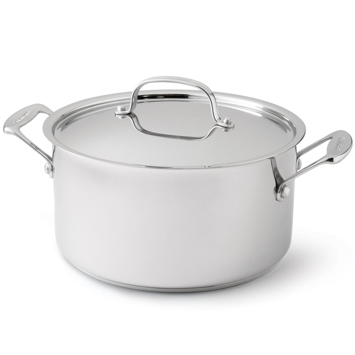 Cuisinart 6-quart stockpot front view showing polished stainless finish and lid — professional appearance