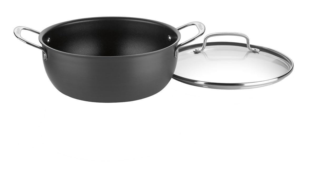 Cuisinart handle and tempered-glass lid close-up highlighting secure rivets and oven-safe benefit