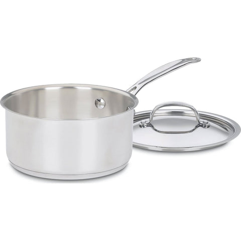 Cuisinart 2-quart saucepan front view showing mirror finish and lid, durable aesthetic