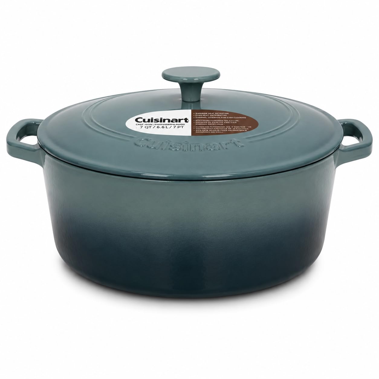 Cuisinart Dutch oven front view showing sea glass green finish and serving-ready look