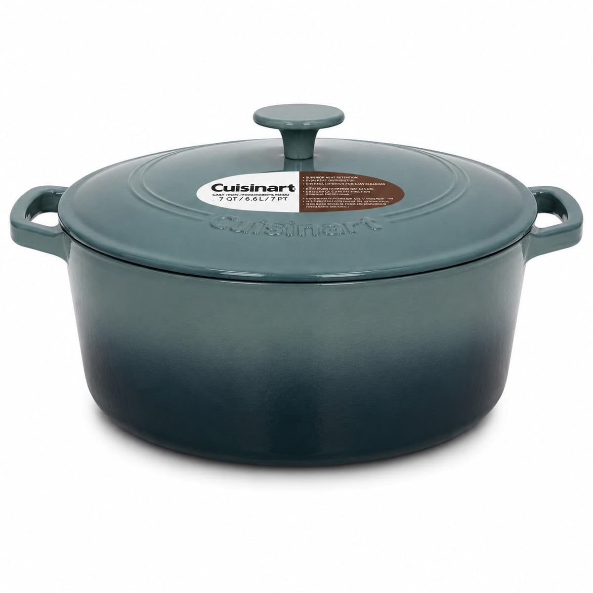 Cuisinart Dutch oven front view showing sea glass green finish and serving-ready look