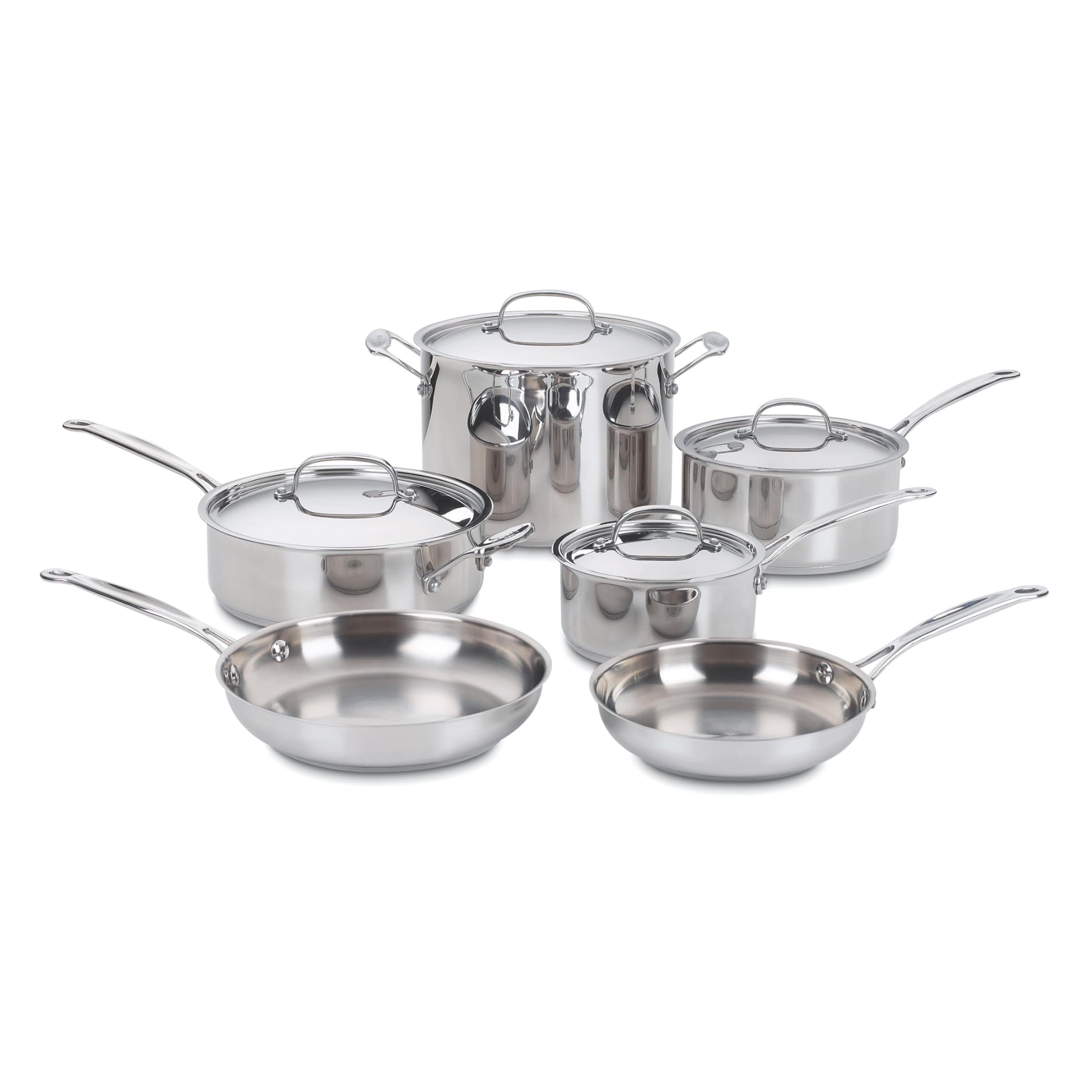 Cuisinart cookware set front view showing included pieces and classic stainless look for versatile cooking