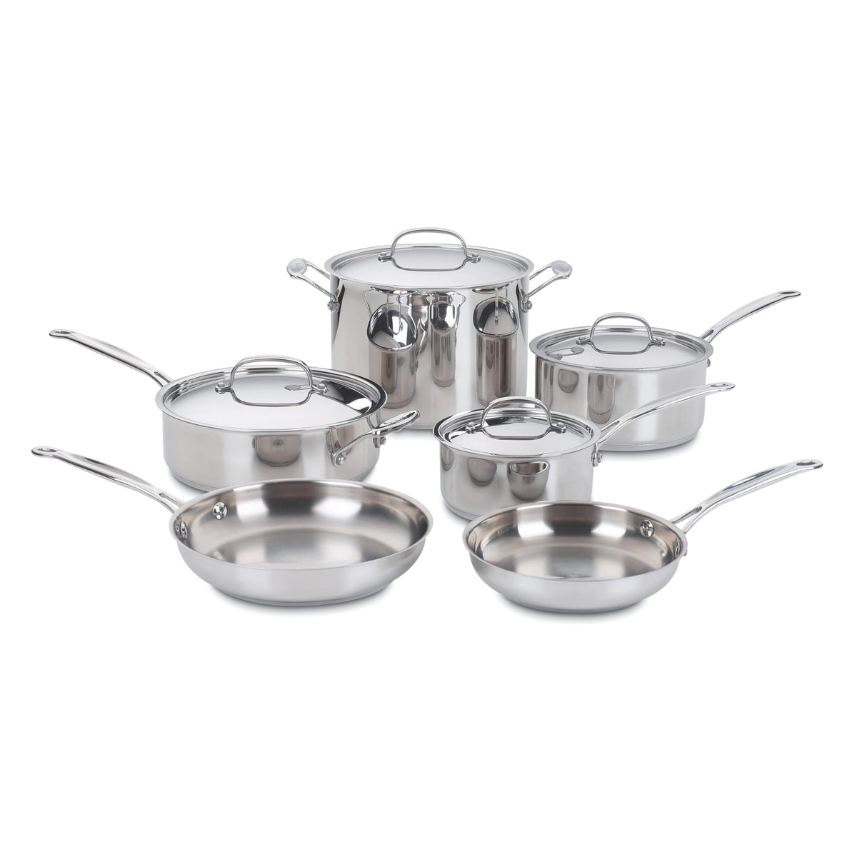 Cuisinart cookware set front view showing included pieces and classic stainless look for versatile cooking