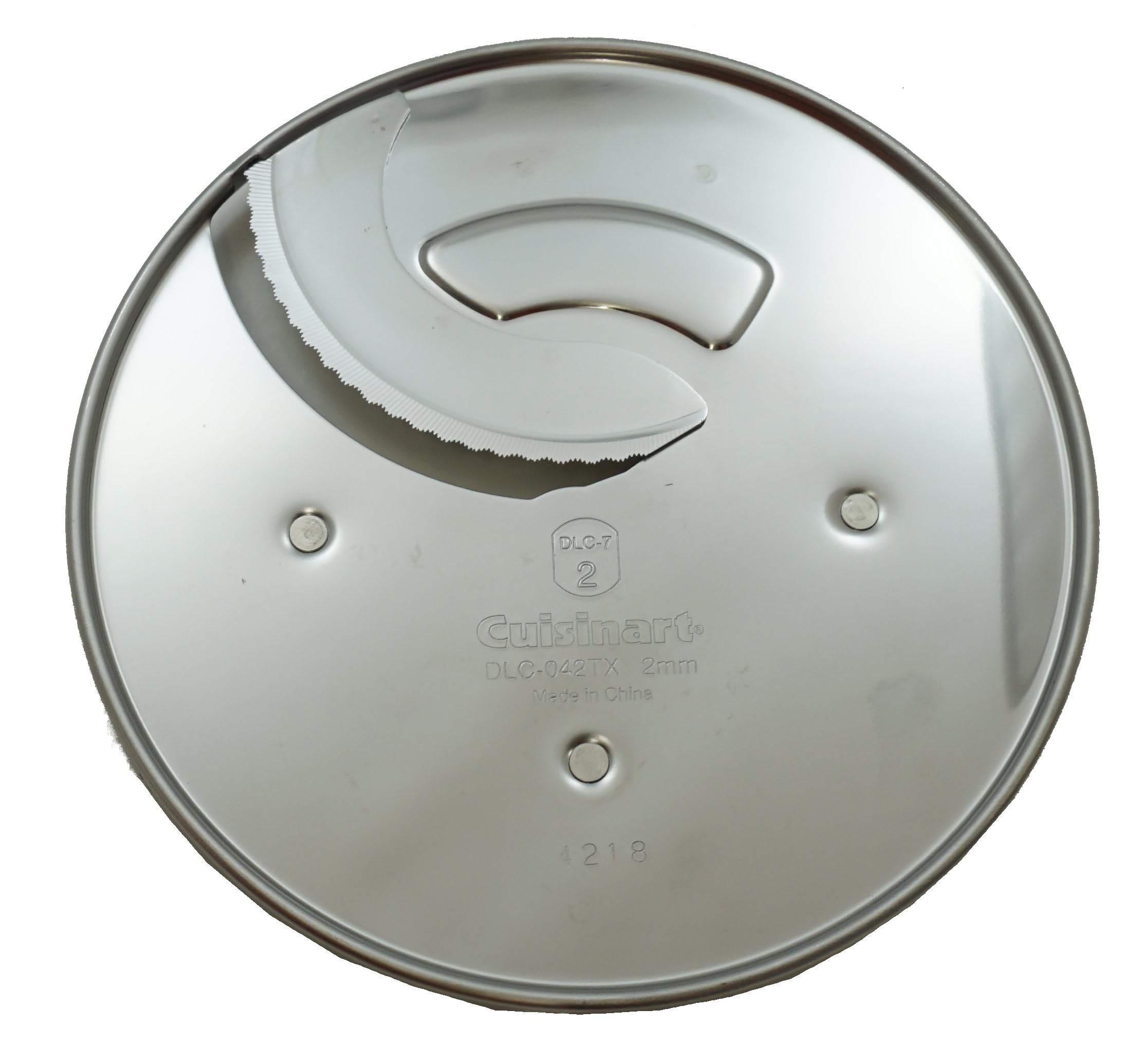 Cuisinart DLC-042TX-1 front view showing stainless steel disc and sharp slicing surface for reliable performance