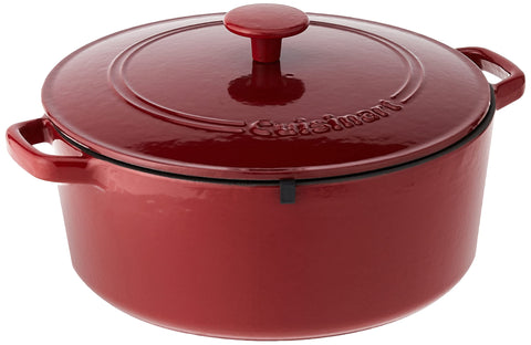 Cuisinart Dutch oven front view showing cardinal red enamel and capacity benefits