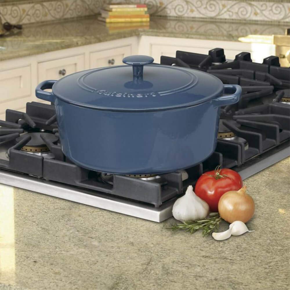 Cuisinart Dutch oven in use with stew on stovetop demonstrating even heat retention