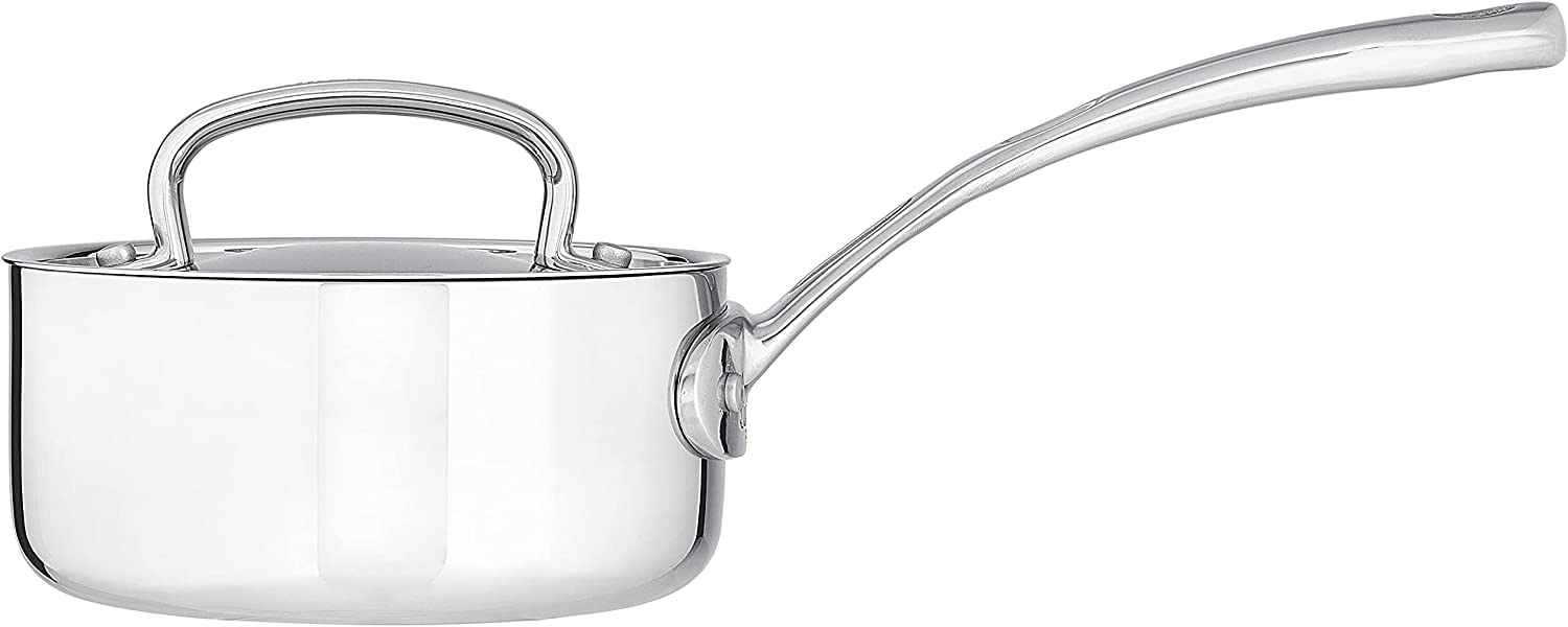 Cuisinart interior close-up highlighting tri-ply stainless finish and even-heating benefit