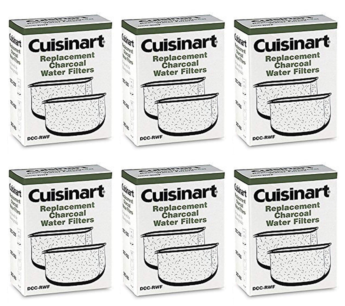 Cuisinart retail box of DCC-RWF filters showing packaging and included two-filter packs, ensuring easy replacements