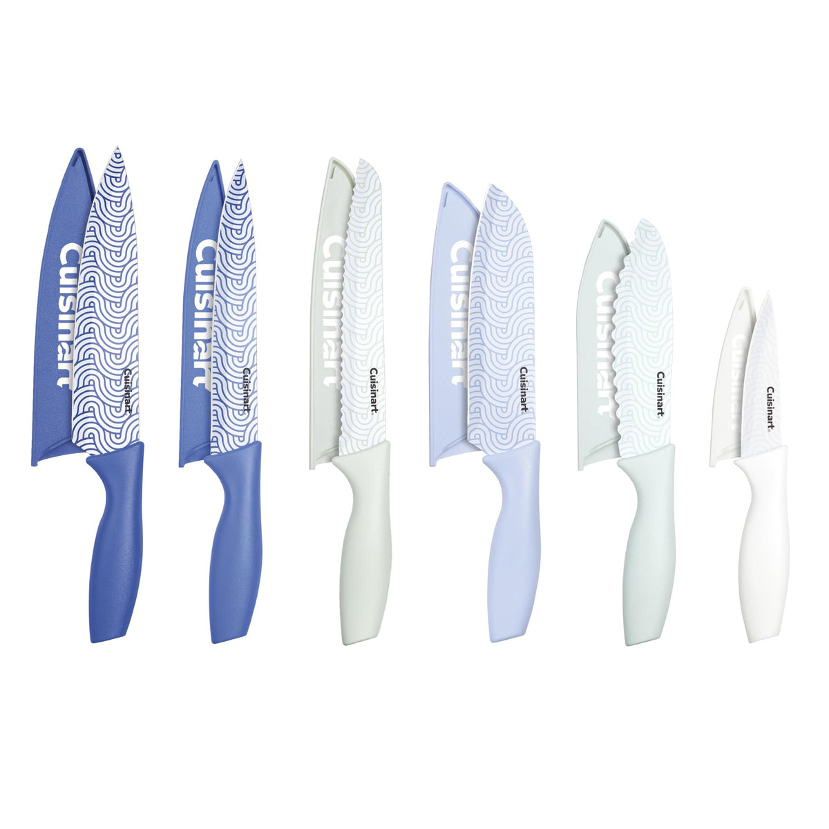Cuisinart front view of full 12-piece knife set showing colorful knives and covers for organized prep