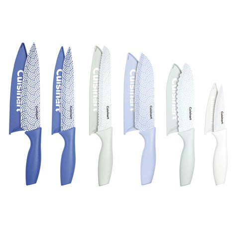 Cuisinart front view of full 12-piece knife set showing colorful knives and covers for organized prep