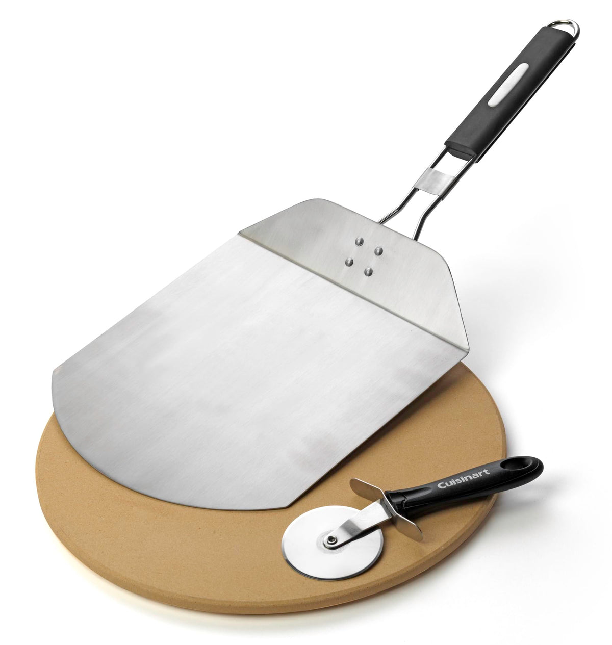 Cuisinart front packaging of grilling pack showing complete pizza tool set and convenience