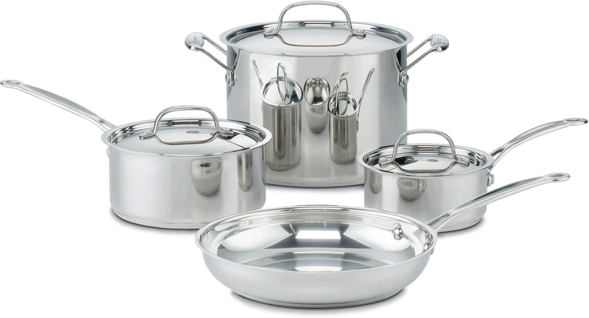 Cuisinart full set front view showing sleek stainless finish and included lids for versatile cooking