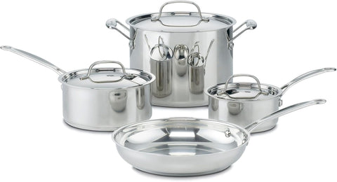 Cuisinart full set front view showing sleek stainless finish and included lids for versatile cooking