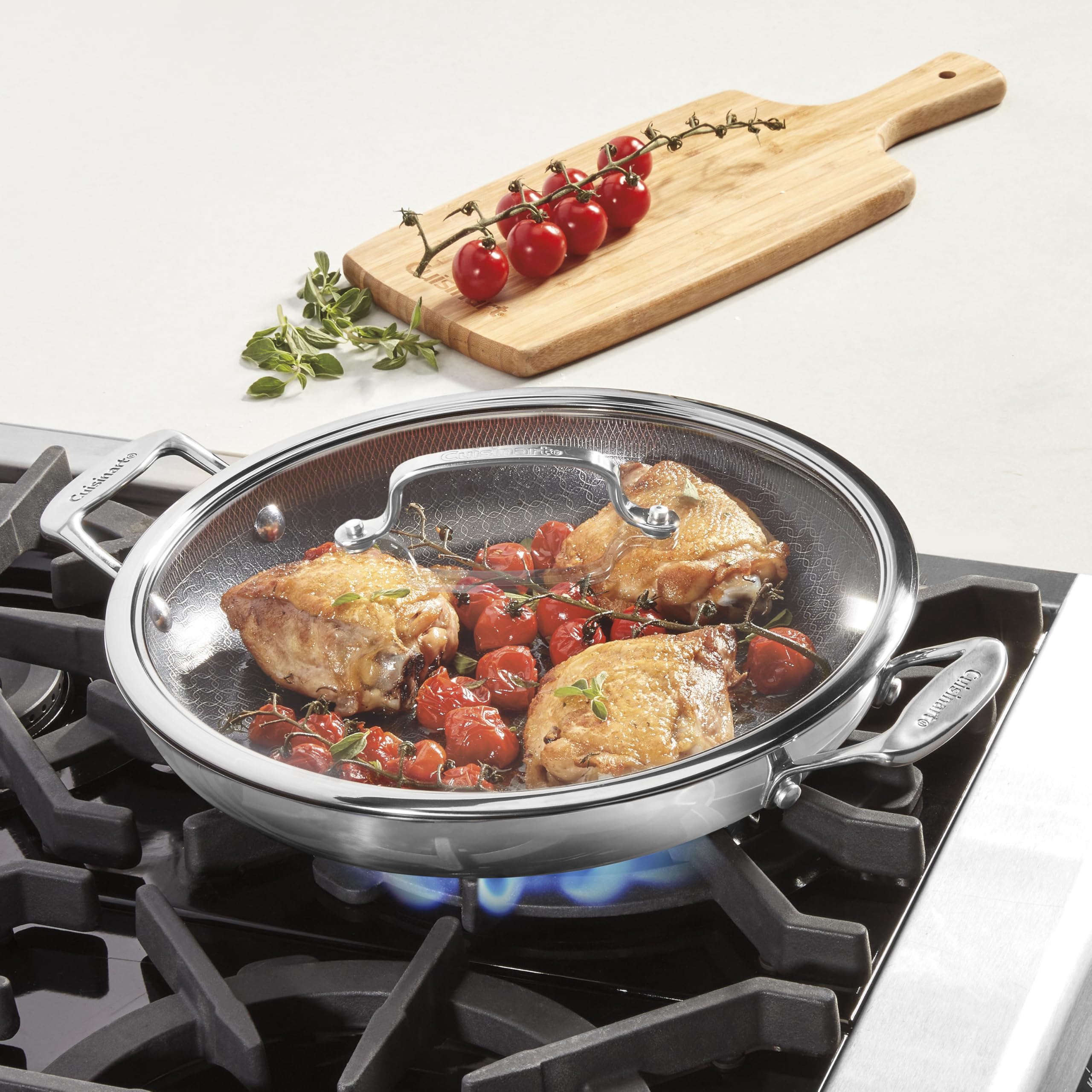 Cuisinart FusionPlus searing steak on stovetop, showing even browning benefit