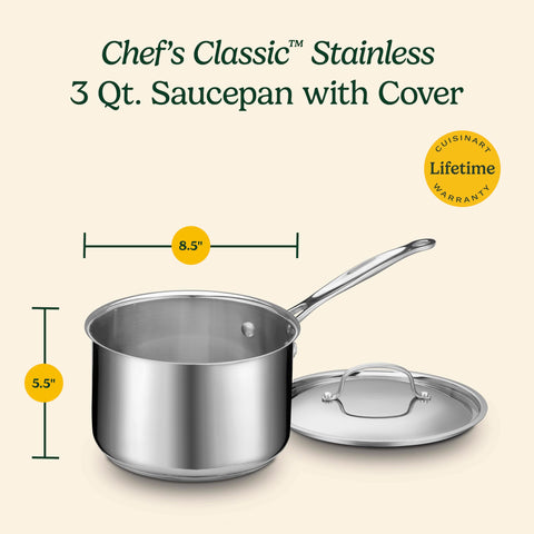 Cuisinart saucepan in use on induction cooktop with steam rising, fast even heating benefit