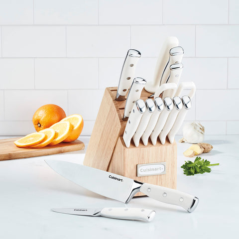 Cuisinart knives in wooden block on countertop, tidy kitchen and easy access benefit