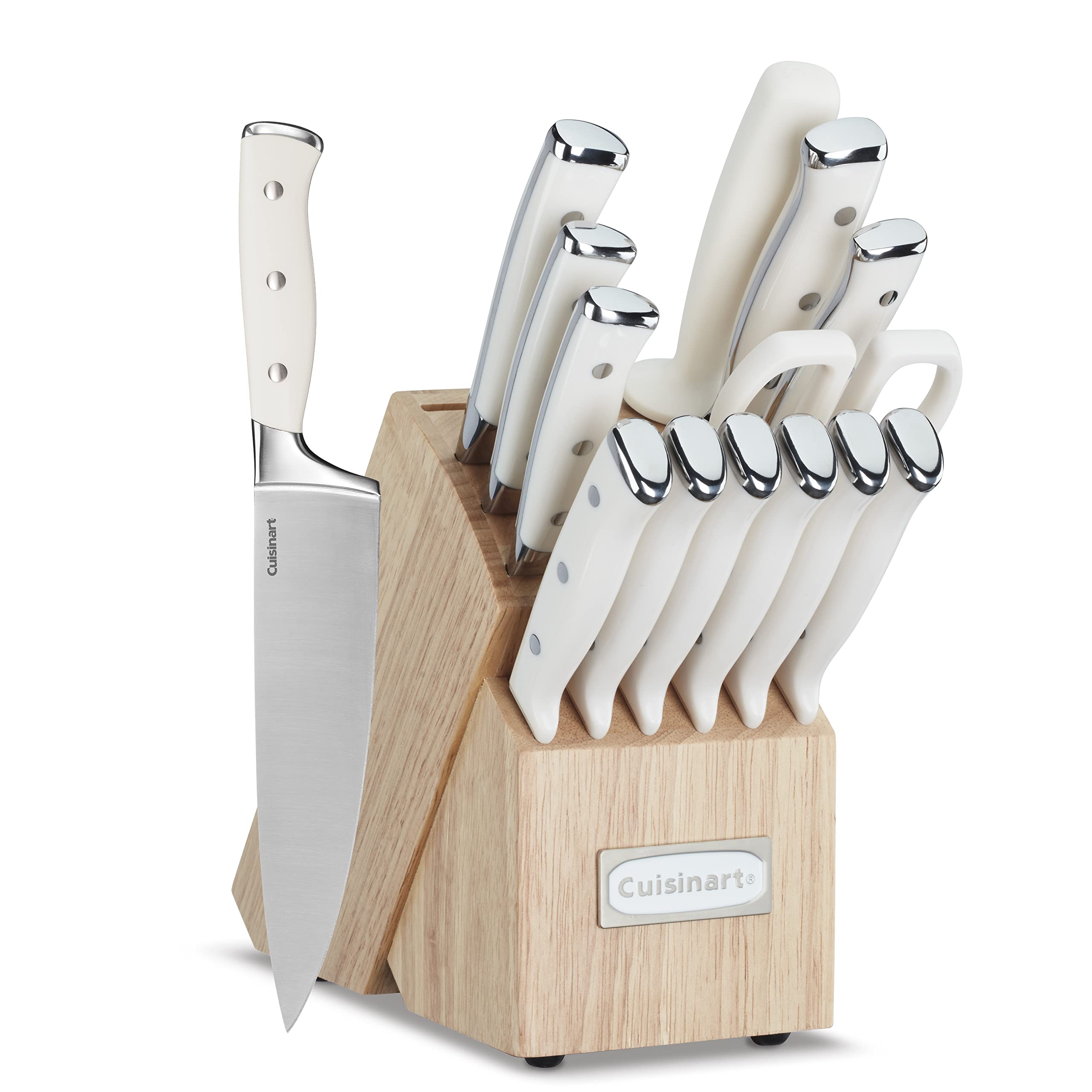 Cuisinart 15-piece set front view showing knives and wooden block, organized storage benefit