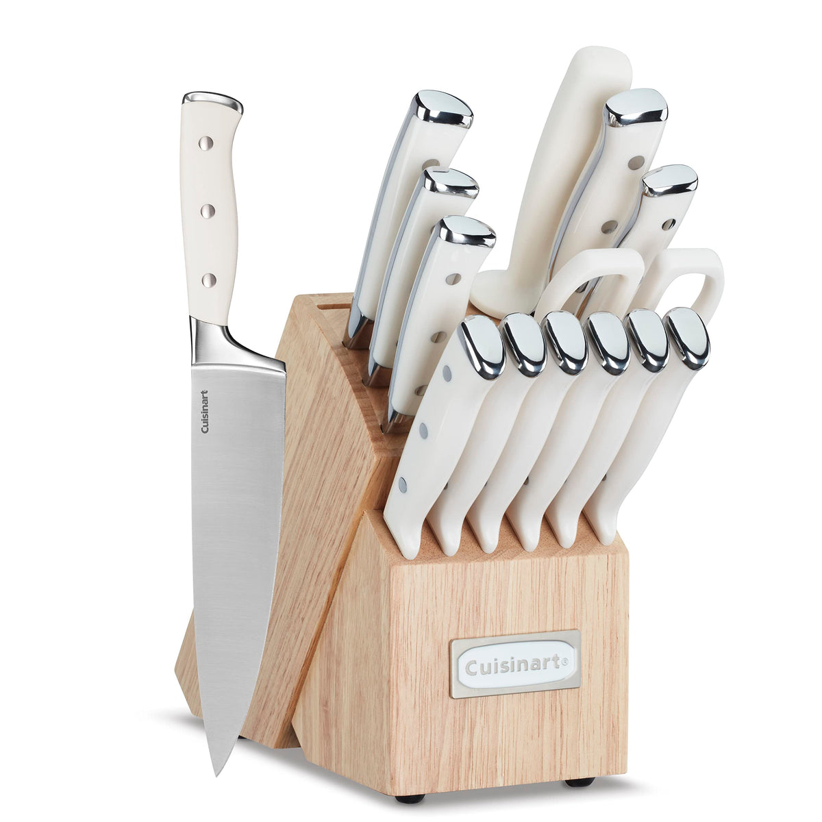 Cuisinart 15-piece set front view showing knives and wooden block, organized storage benefit