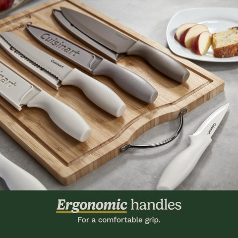 Cuisinart knives cutting vegetables on wooden board, fast precise prep benefit
