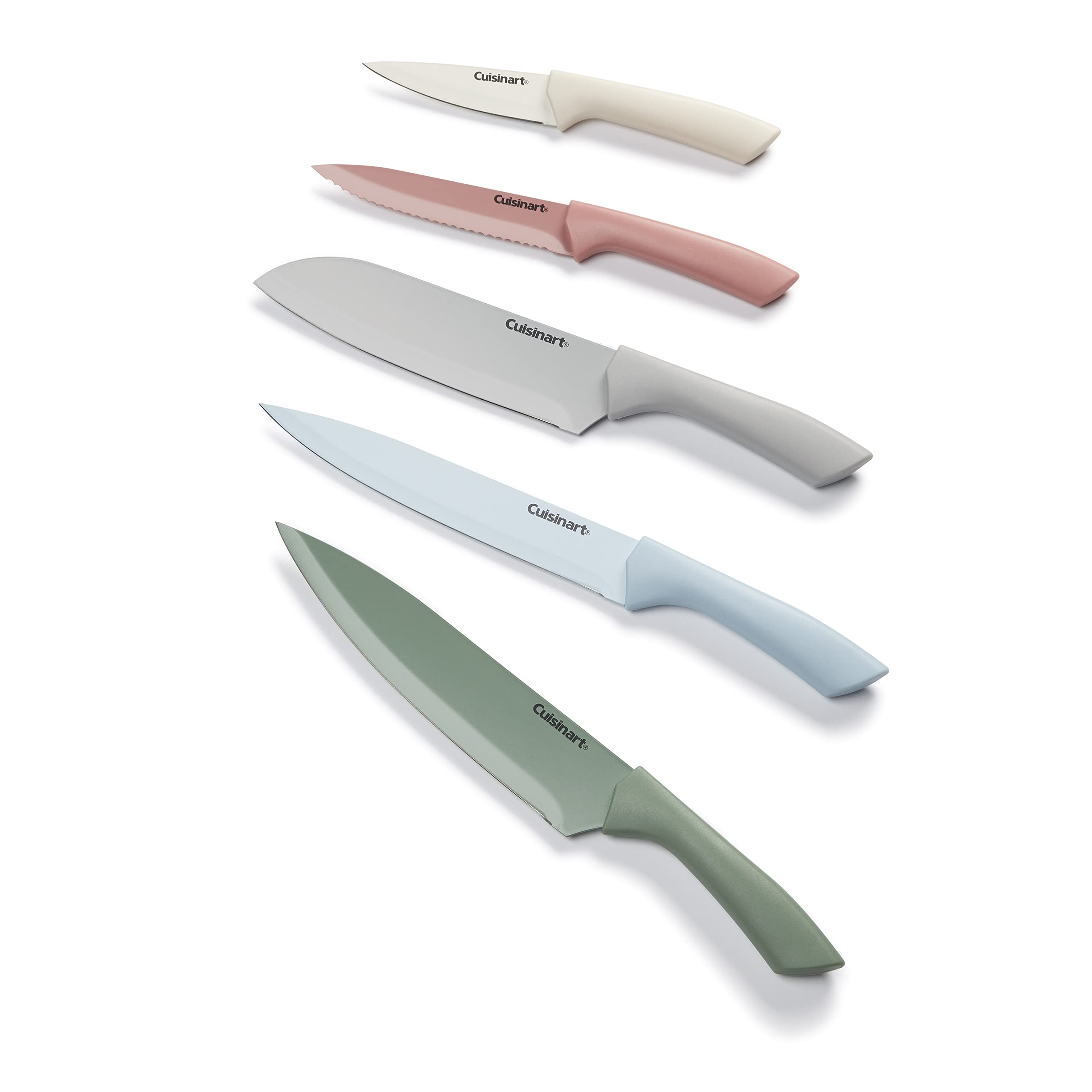 Cuisinart knives laid out on wood board showing each blade type for quick selection