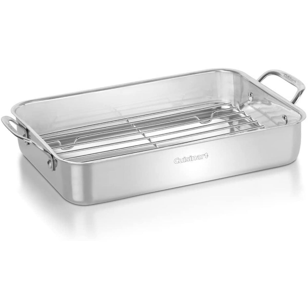 Cuisinart lasagna pan front view showing polished stainless finish and handles for elegant serving