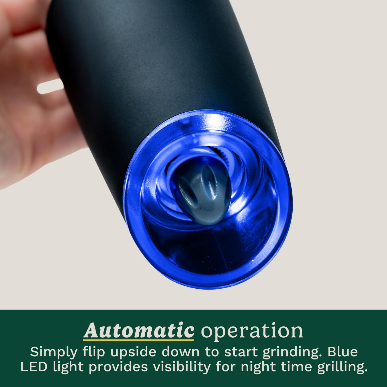Cuisinart blue LED light illuminating food for precise seasoning at night