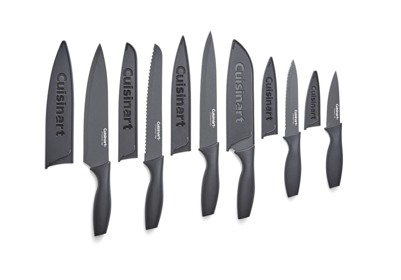 Cuisinart matte black knife set front view showing blades and guards for safe storage