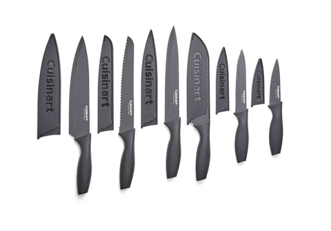 Cuisinart matte black knife set front view showing blades and guards for safe storage
