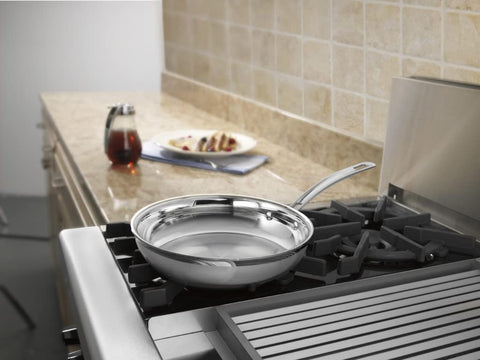 Cuisinart skillet cast-stainless-steel handle close-up with rivets for secure grip and cooler touch