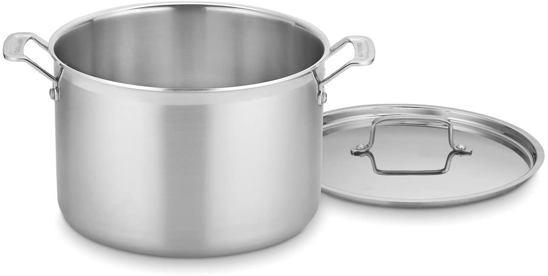 Cuisinart MultiClad Pro front view showing full 12-quart pot and lid for large-batch cooking