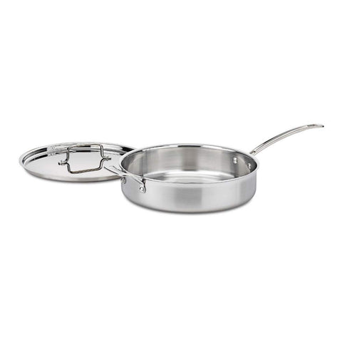 Cuisinart MultiClad Pro skillet front view with lid showing polished finish and capacity