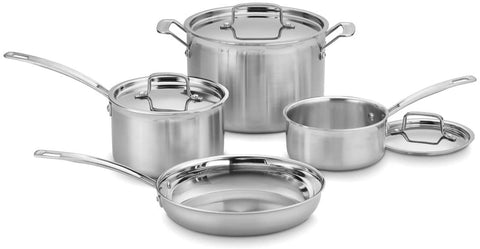 Cuisinart Multiclad Pro front view showing full 7-piece set and brushed finish for professional look