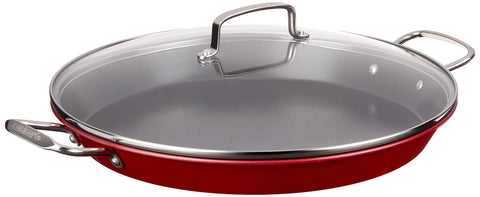 Cuisinart 15-inch paella pan front view shows red finish and lid, professional results
