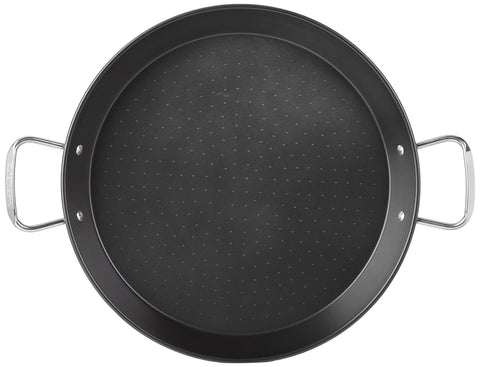 Cuisinart paella pan in kitchen shows serving size and easy oven-to-stovetop use
