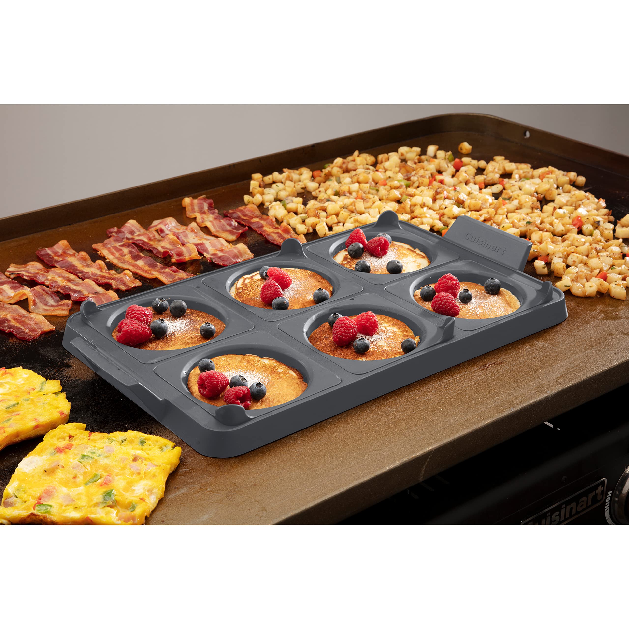 Cuisinart tray holding pancakes and eggs illustrating uniform portions for serving