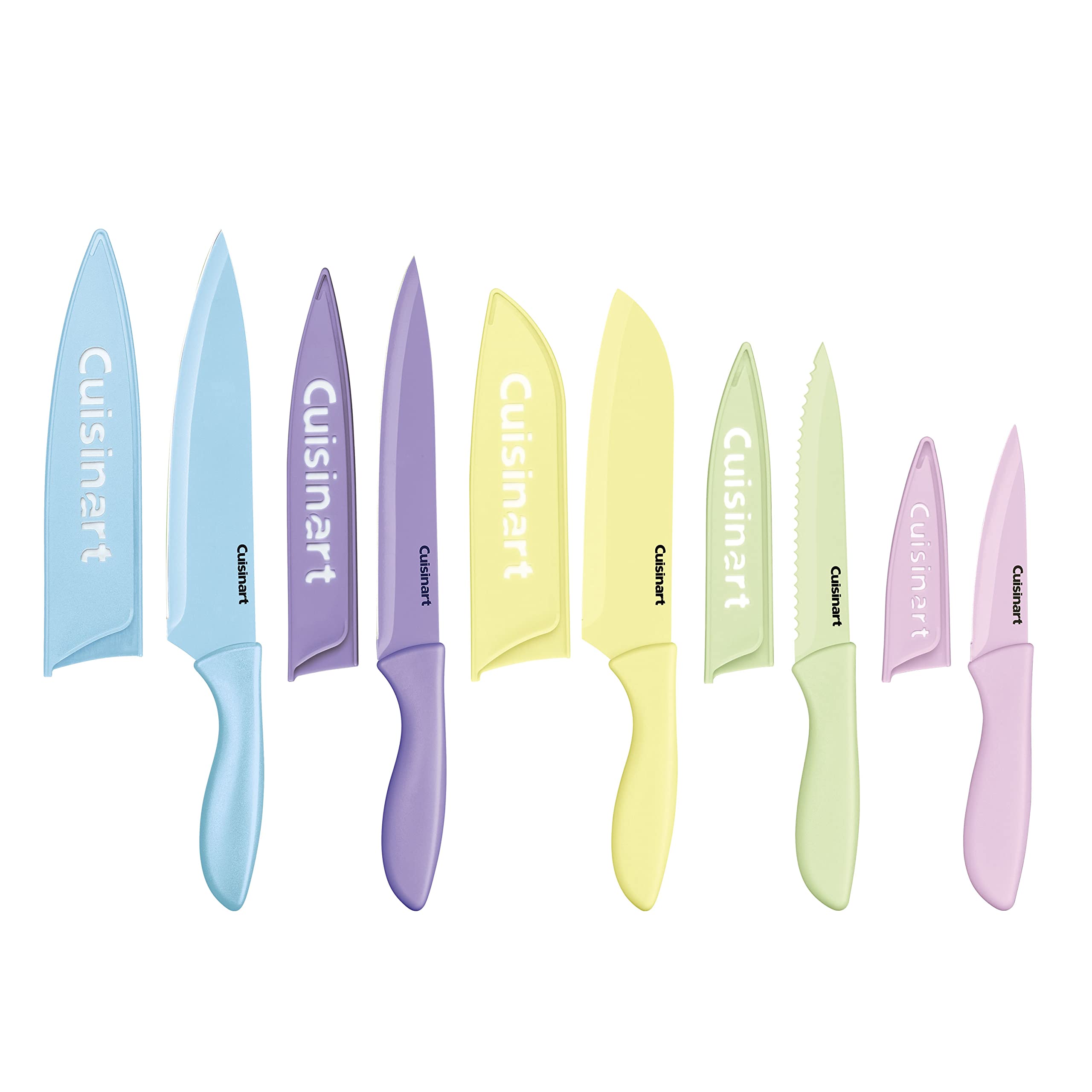 Cuisinart pastel 10-piece set front packaging showing colorful handles and sheaths for safe storage